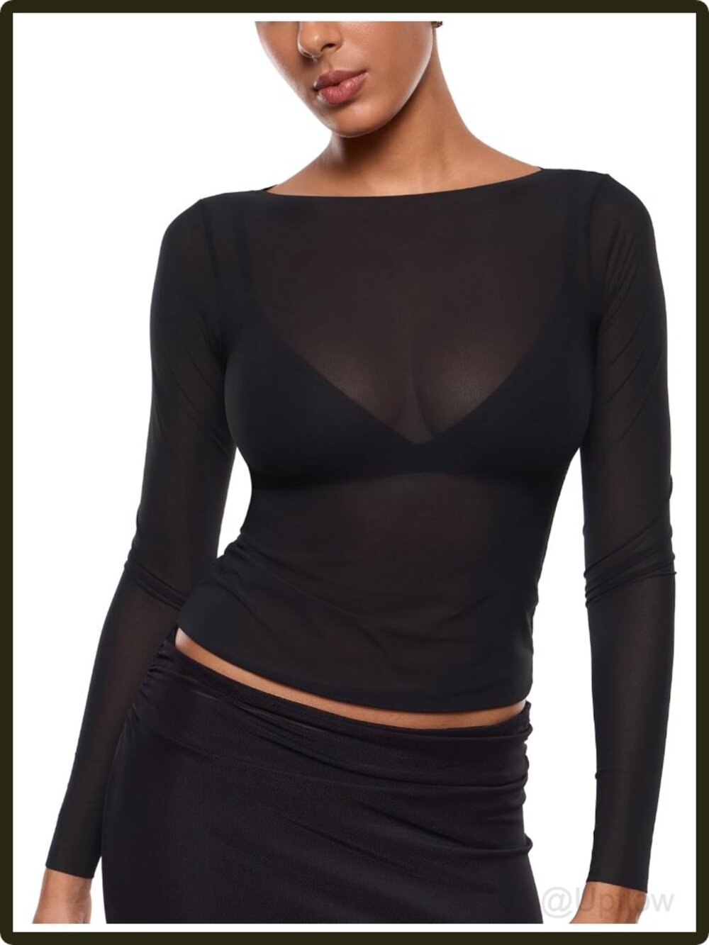 Women's Sheer Mesh Long Sleeve Boat Neck Top Lightweight Pullover Blouse